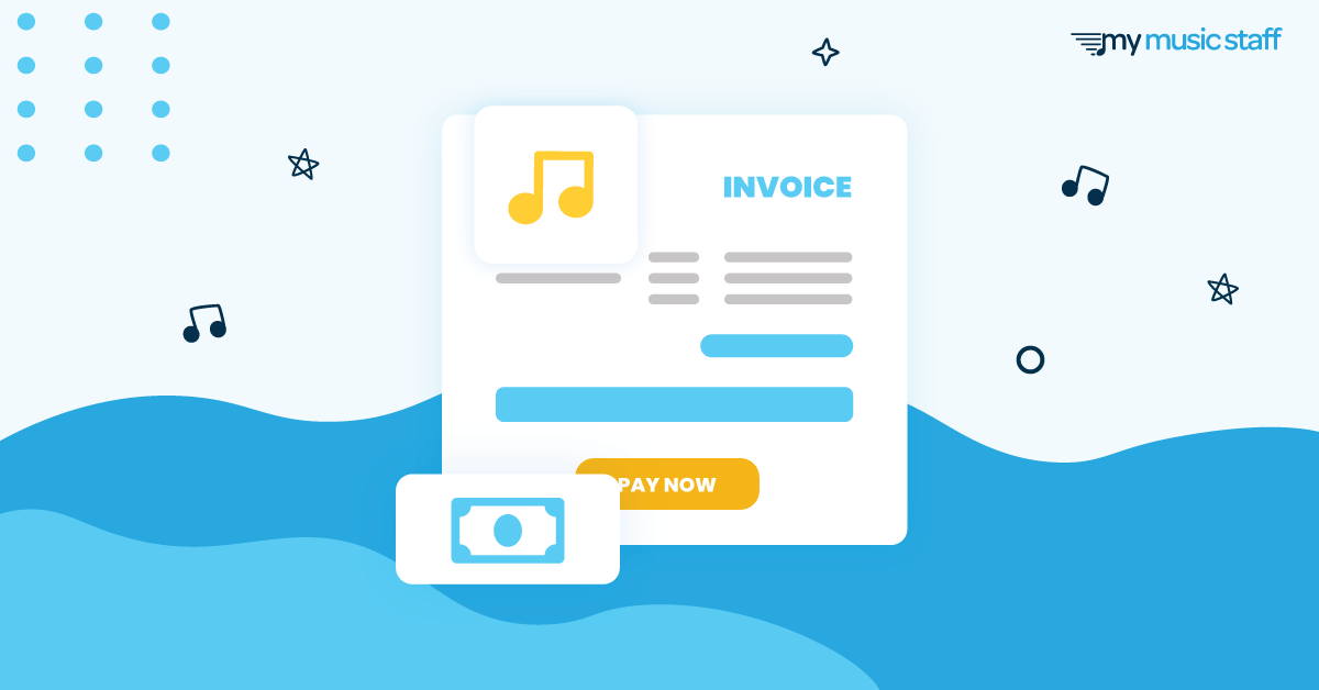 Illustration of a My Music Staff invoice with a pay now button, music notes, and payment icons showing automated billing for music teachers.