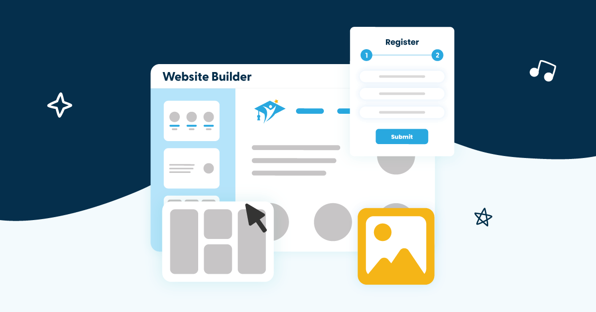 Illustration of a music teacher website builder interface on MY Music Staff, showing page layout blocks, registration form, and media elements used to improve music teacher website SEO and design.