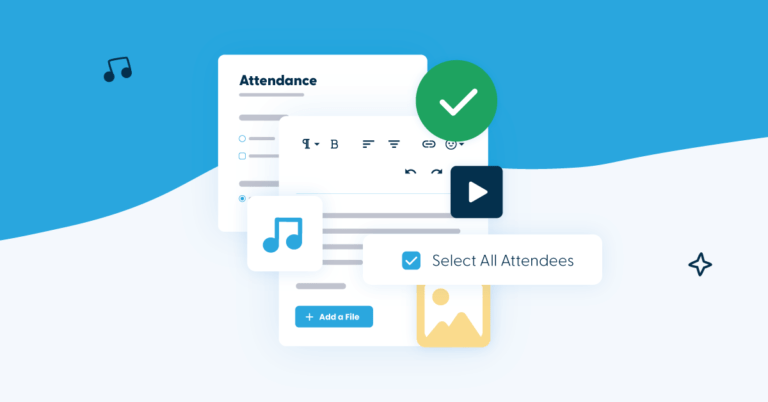 My Music Staff attendance and lesson notes interface showing select all attendees and add note features for music teachers managing lessons.