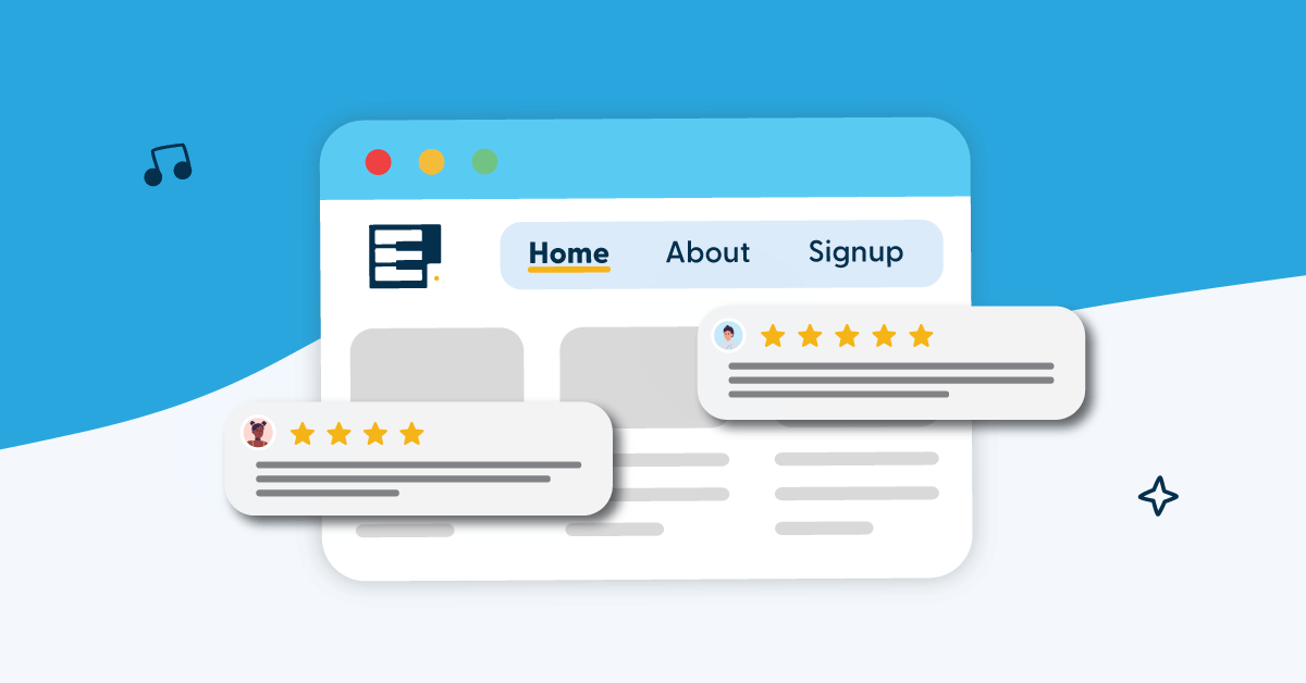 Illustration of a music teacher website with student review popups displaying star ratings and testimonials, representing online music teacher reviews and social proof for music studios and private music teachers.